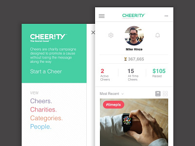 Cheerity Profile and Side Menu app application charity interface ios iphone profile social ui ux