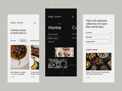 ONE CHEF — Culinary; food recipes app app app design application browse clean culinary food graphic design interface minimal recipe ui ui ux uiux ux