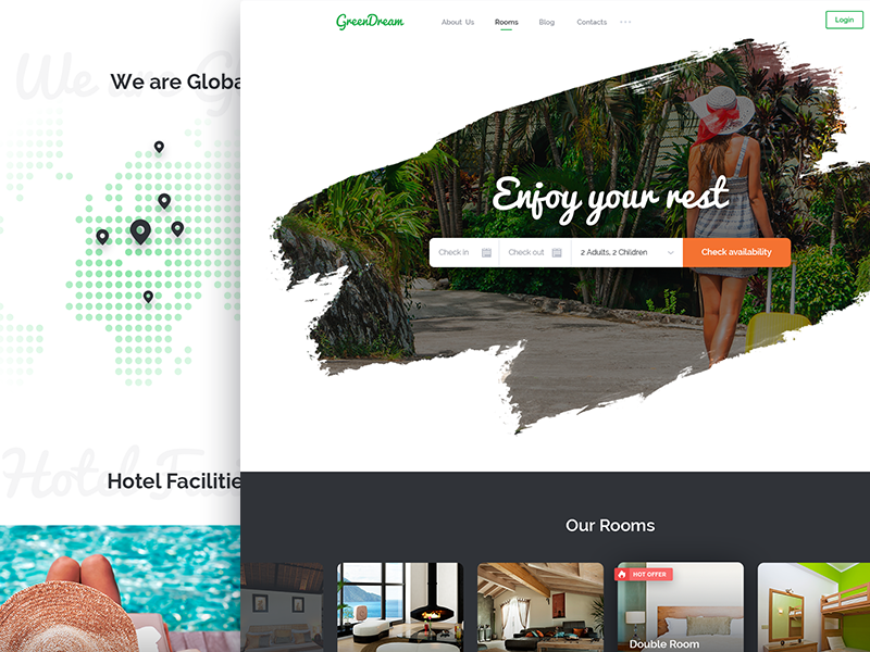 Green Dream Hotel – PSD Template travel tour rooms room resort reservation motel hotel holiday green booking accommodation