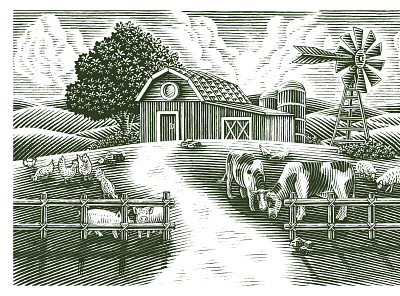 Landscape of animal fram agiculture animal branding country design drawing engraved engraving farm food graphic design illustration land landscape logo product vintage