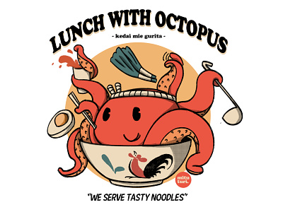 Lunch with Octopus character color design illustration