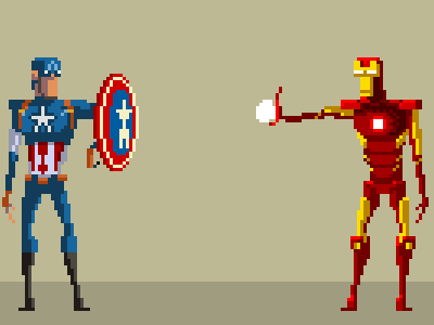 pixel war 8bit captain america civil war games gaming iron man marvel pixel art retro steve rogers tony stark