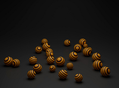3D black and yellow textured spheres sitting on a ground. art