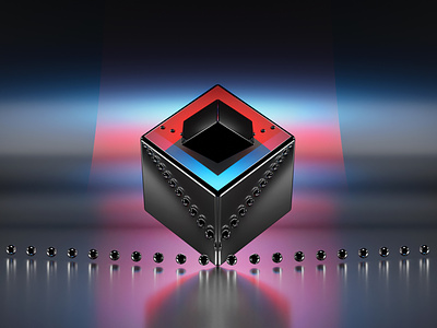 Black metallic cube with blue and red colors.