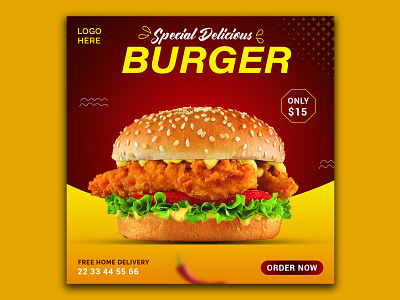 Delicious Burger Social Media Post Design banner restaurant