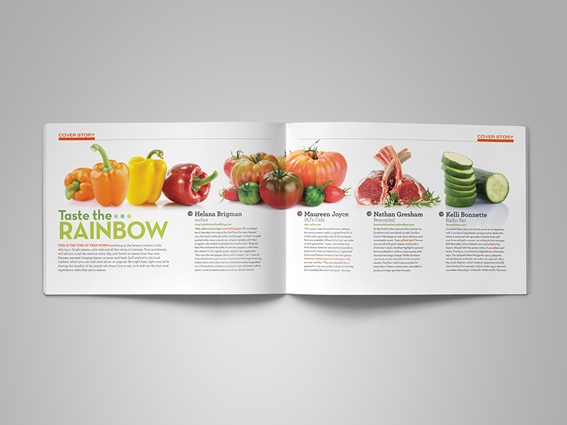 spread from 225 magazine fresh tomato pepper vegetable culinary chef baton rouge print magazine editorial design