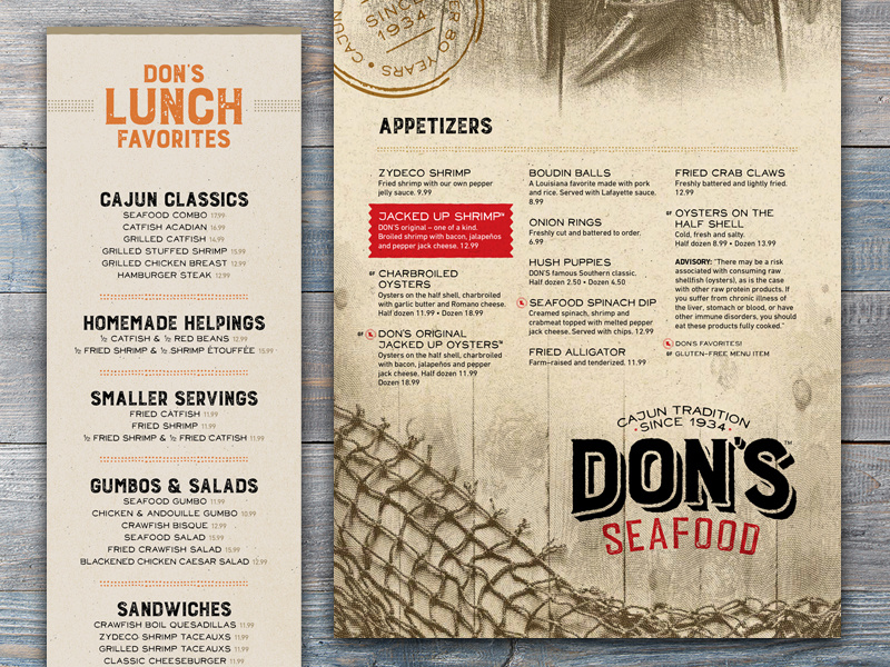 Menus for Don's Seafood texture stamp seafood rustic print louisiana logo cajun branding brand