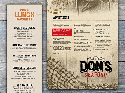 Menus for Don's Seafood brand branding cajun logo louisiana print rustic seafood stamp texture