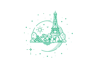 Paris birds eiffel icon illustration lines paris stars sun tower trees