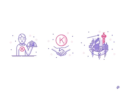 "K" icons city floating hands icons illustration lines servant shaking website