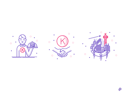 "K" icons city floating hands icons illustration lines servant shaking website