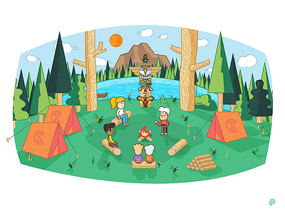 Camp in Colors camp eagle firepalce illustration lake mountain thinker totem trees wood