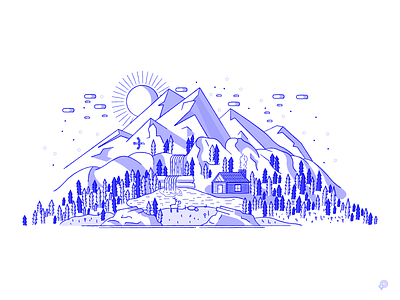 Mountain cabin illustration lake lineart monochrome mountain wood