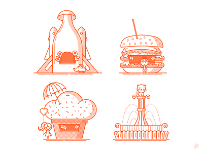 Restaurant bottle burger icecream illustration lineart monochrome