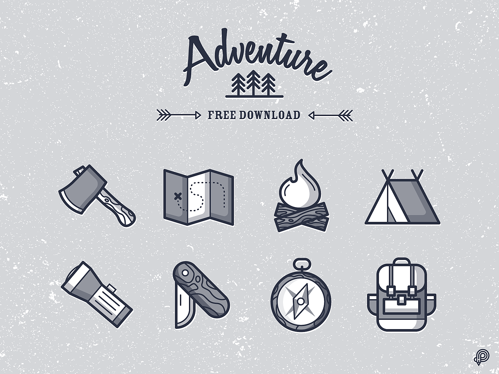Free Download - Adventure Icons 2d adventure axe bag compass design fire flashlight freebie freedownload freeicons icon icons illustration line lineart lines monochrome tent ui