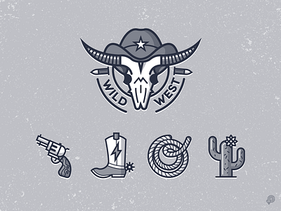 Cowboy icons 2d cactus cowboy cowboy boots design gun icon icondesign icons illustration lasso line lineart lines logo logodesign monochrome skull