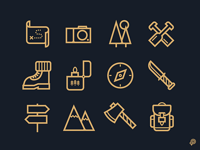 Adventure icons 2d adventure axe bagpack bootstrap camera compass design icon icons illustration knife line lineart lines map monochrome mountains trees vector