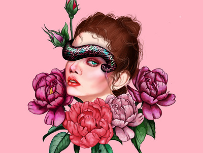 girl and snake in flowers design illustration