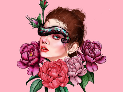 girl and snake in flowers