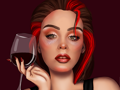 girl with a glass of wine. portrait design girl glass illustration portrite wine