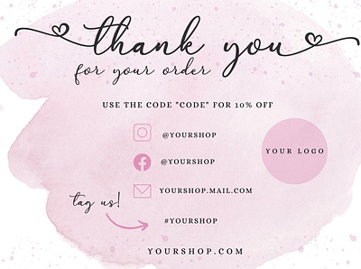 Watercolor Business Thank You Card Template branding business business thank you card design graphic design hearts insert package insert pink small business thank you card watercolor