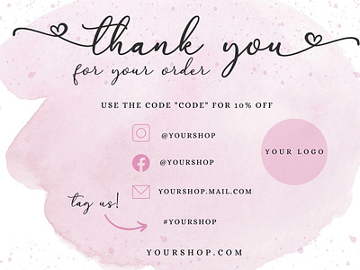 Watercolor Business Thank You Card Template branding business business thank you card design graphic design hearts insert package insert pink small business thank you card watercolor