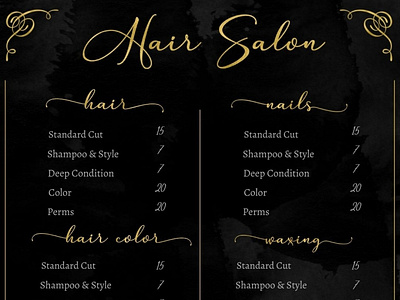 Hair Salon Price List Template beauty beauty salon black and gold branding digital price list gold graphic design hair salon menu price list