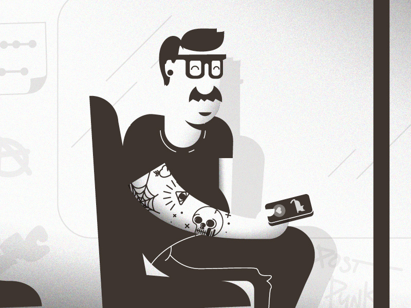 Post Punk subway dad father punk transit public mustache spectacles cats tattoo illustration
