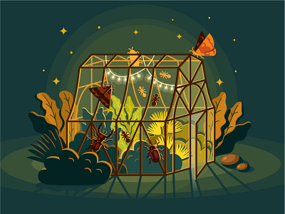 Night greenhouse beetle greenhouse illustration illustrator insects light lighting moth plants vector