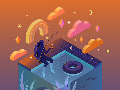 NIGHT FISHING - Isometric vector illustration