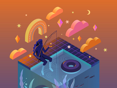 NIGHT FISHING - Isometric vector illustration adobe illustrator character clouds design digital art fairy fishing gradient gradients illustration illustrator isometric magic mistical night sky stars trendy underwater vector water