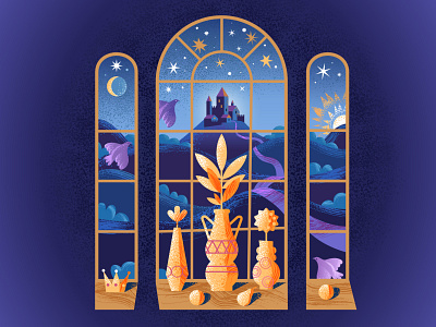 Magic window adobe illustrator art birds castle design fairy tale illustration landscape magic nature night noises stars stilllife textures vases vector window