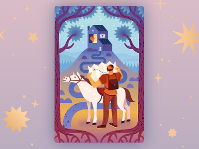 Illustration for OH cards about relationship adobe illustrator castle design fairytale finding your way got lost gradients illustration magical man and woman map metaphorical mistical oh card path to heart prince on white horse psychology relationship stylish vector