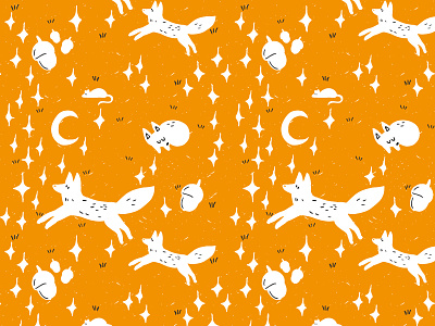 Foxes in the night Illustration Pattern children fabric design fall fox foxes friendly magical mice moon mouse orange and white pattern design spring starry night stars unisex