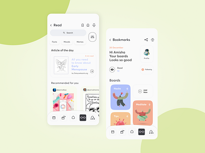 Read & Bookmark Screen app design health illustration period ui ux