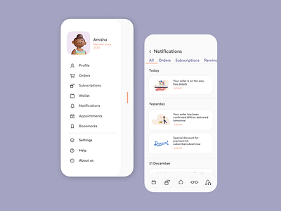 Menu & Notification Screens app design health period ui ux