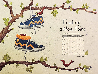 Finding a New Home birds editorial illustration magazine article shoes sneakers tree