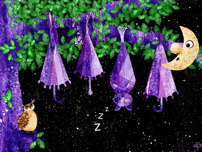 Batty's Sleepover bat childrens book illustration moon night owl sleeping umbrella