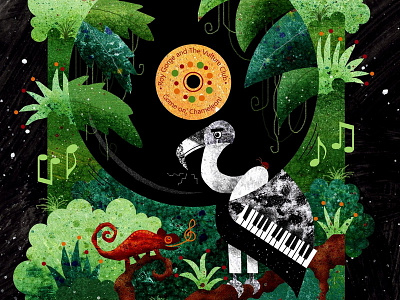 Roy Gorge and The Vulture Club bird chameleon illustration jungle music plants record player vulture
