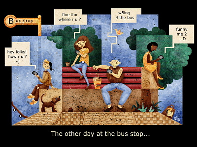 At the Bus Stop bubbles cell phones comic illustration internet mobile phones social media texting young folk