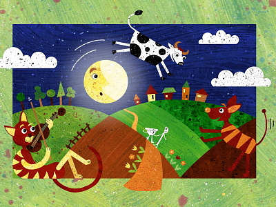 Jumping Cow cat childrens dish dog illustration nursery rhyme poem spoon