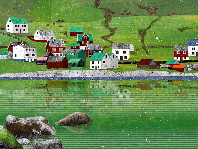 Arnafjørður - Faroe Islands fishing green illustration north atlantic scandinavia village