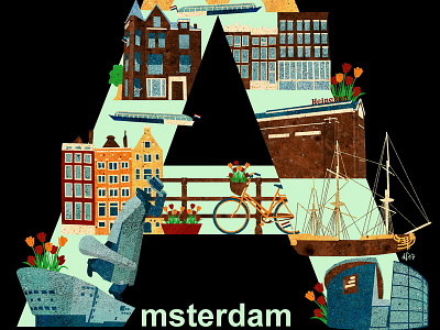 Amsterdam bike city houses illustration netherlands sights town tulips