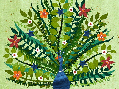 Spring Peacock animal bird flowers green illustration peacock plants