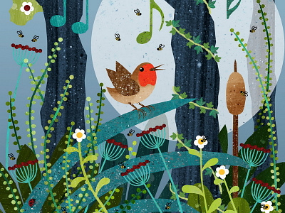 Full Robin Moon animals birds forrest illustration night robin singing song summer