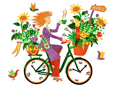 Time for Hygge bike clocks comfy danish hygge illustration plants time