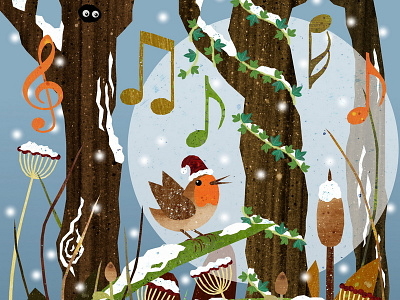 Robin Wintermoon animals birds forest illustration night robin singing snow song winter