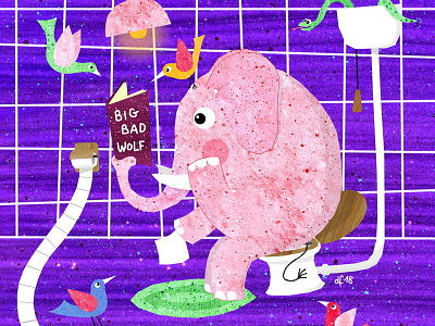Pinky elephant exciting illustration kidlitart reading toilet