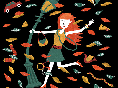 Windy! autumn fall flying illustration lamppost leaves stormy wind windy woman