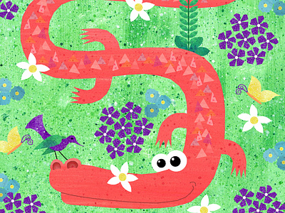 Coral the Crododile children art crocodile flowers illustration kidlitart pink